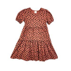 Hanna Andersson Girls Animal Print Polka Dot Tiered Dress Size 6-7 Rust Brown